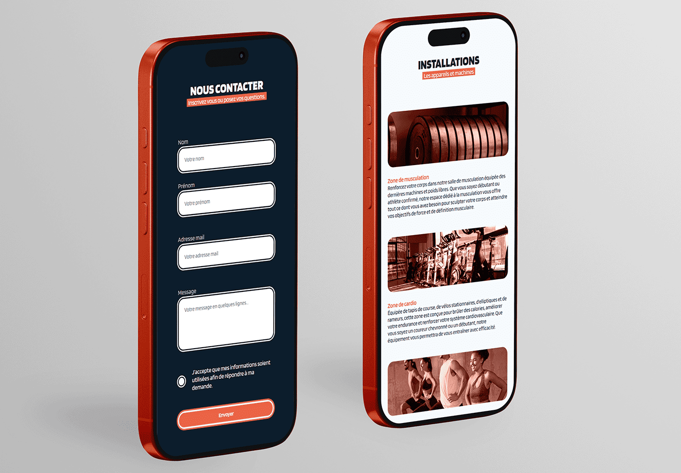 Présentation du site sur 2 Iphone sur fond gris.